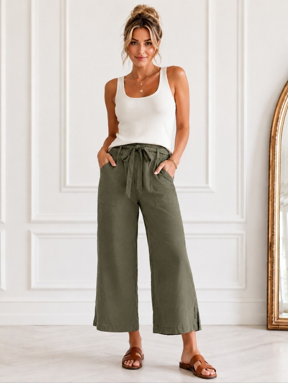 Joe Fresh Olive Green Lyocell Wide Leg Crop Pants Size 8 | Tie Waist & Pockets
